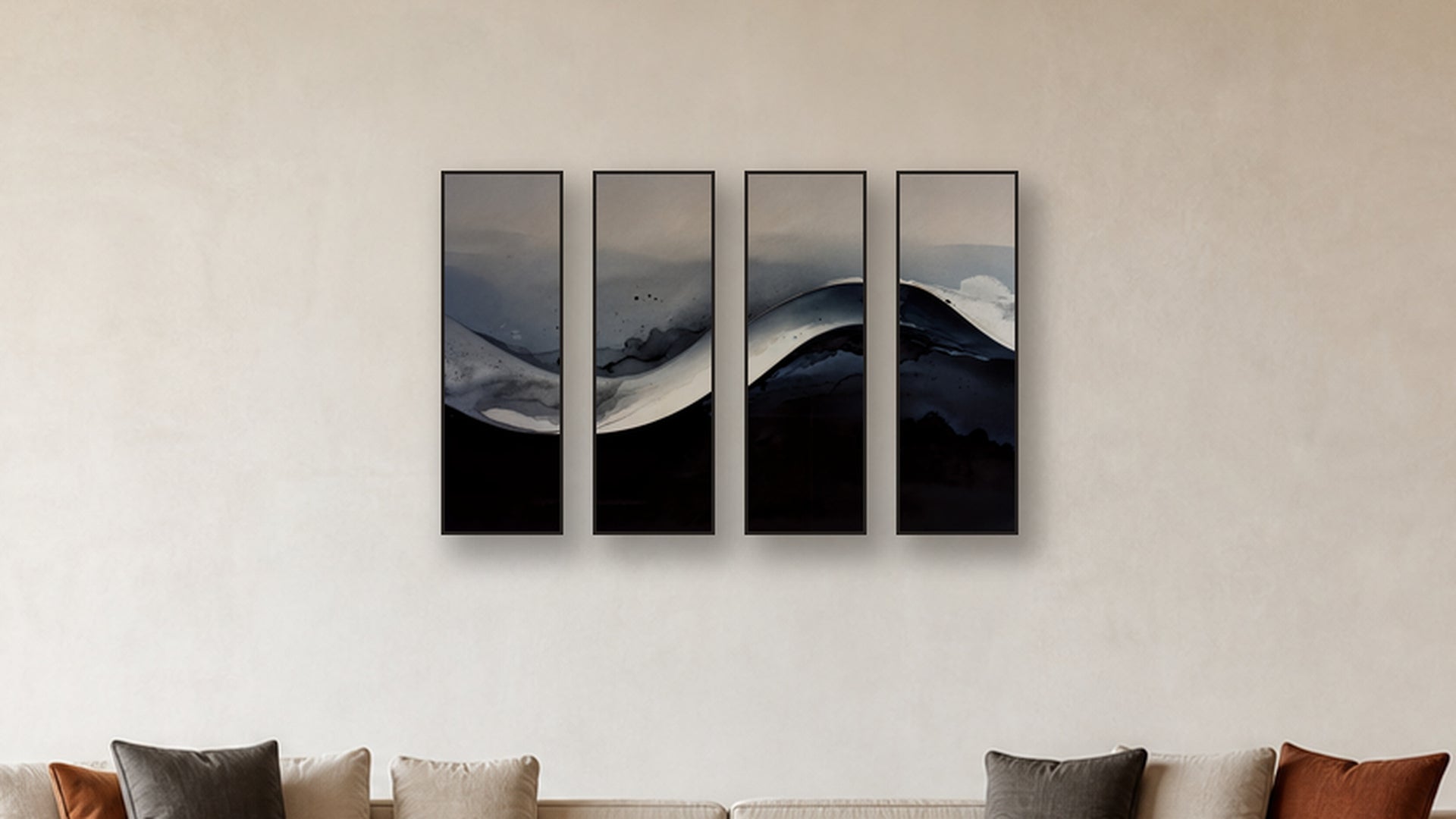GRADIENT GRADIENT TETRAD 12x36 LIVING ROOM MOCKUP; panels II and IV are 16x32