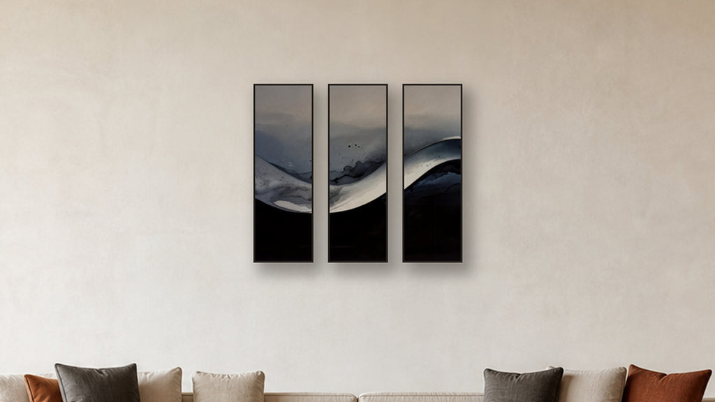 GRADIENT GRADIENT TRIPTYCH 12x36 LIVING ROOM MOCKUP; panels II and IV are 16x32