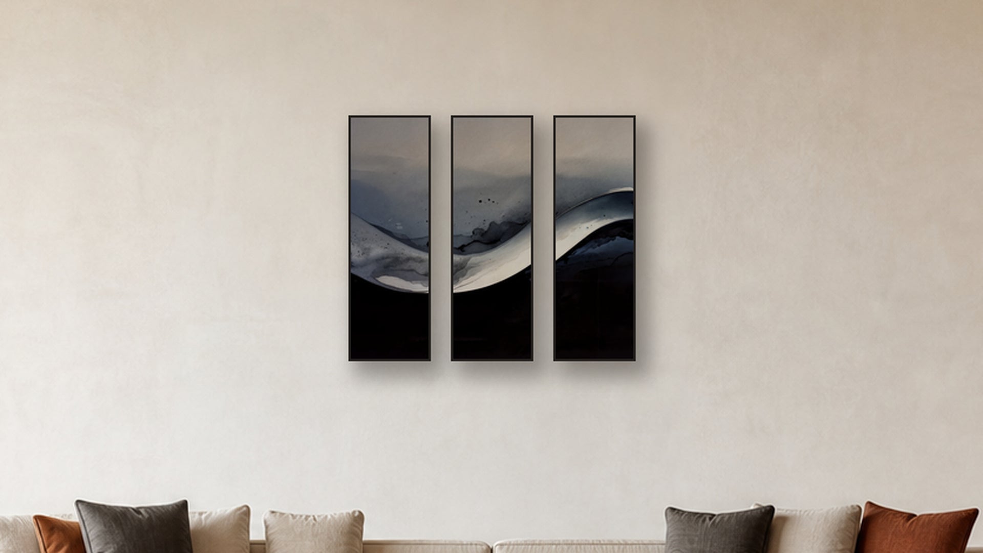 GRADIENT GRADIENT TRIPTYCH 12x36 LIVING ROOM MOCKUP; panels II and IV are 16x32