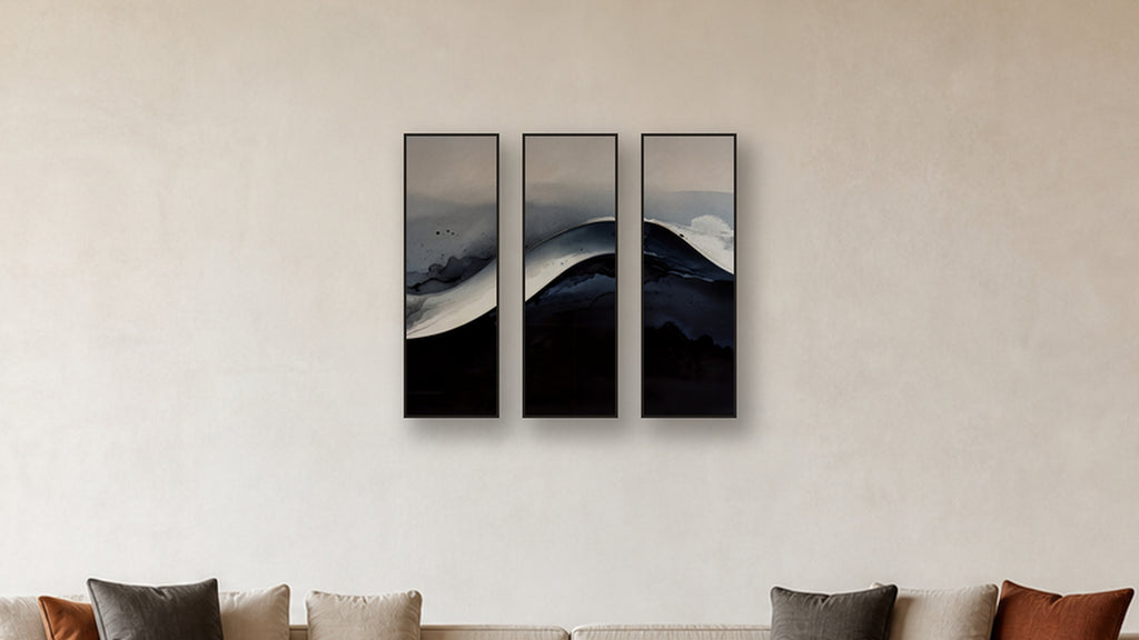Gradient TRIPTYCH 12x36 accurately scaled living-room mockup