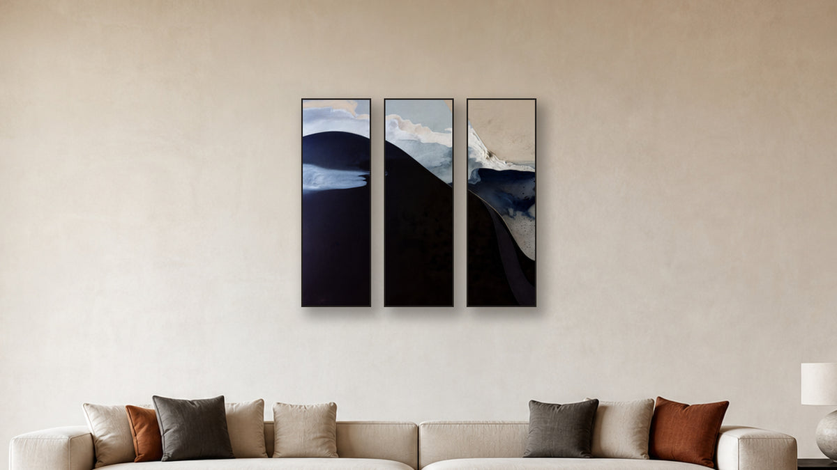 IONIZATION TRIPTYCH I-III 16x48 accurately scaled living-room mockup