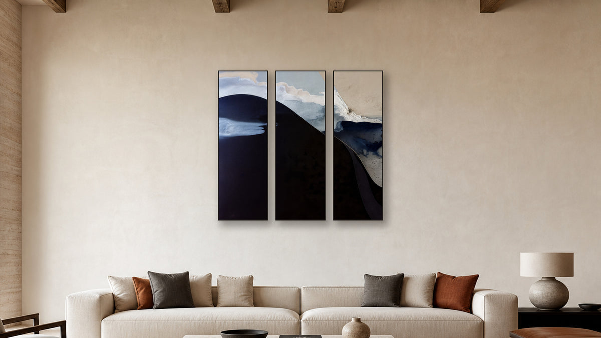 IONIZATION TRIPTYCH I-III 20x60 accurately scaled living-room mockup