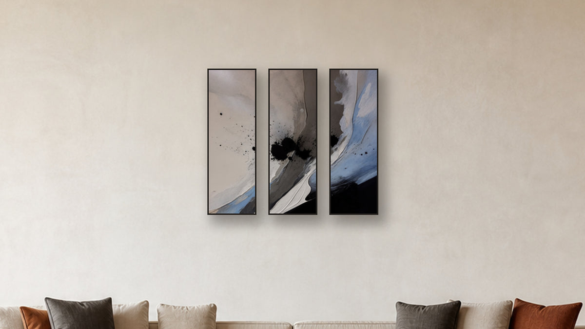 Nucleation TRIPTYCH 12x36 accurately scaled living-room mockup