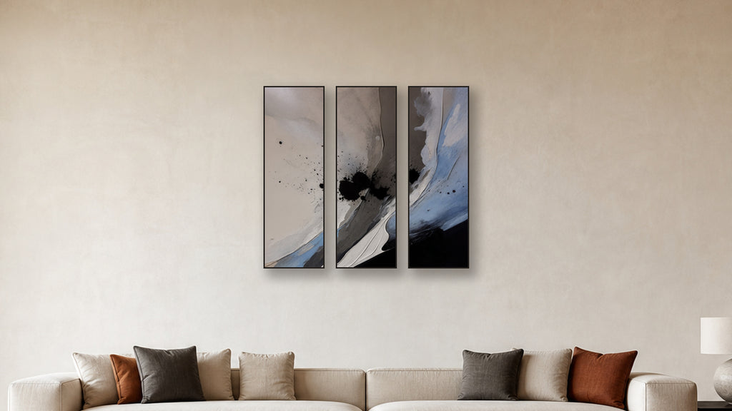 Nucleation TRIPTYCH 16x48 accurately scaled living-room mockup