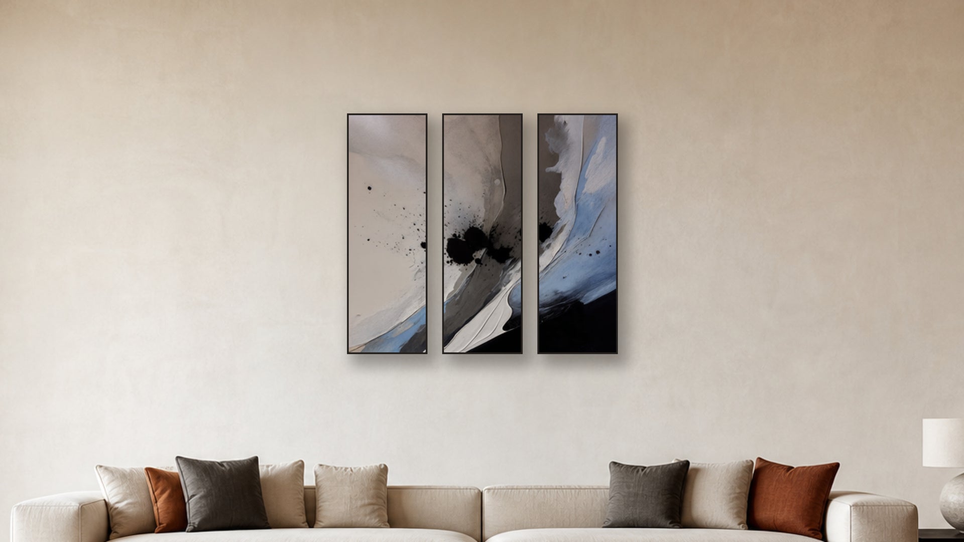 Nucleation TRIPTYCH 16x48 accurately scaled living-room mockup