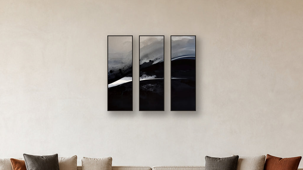 Oxidation TRIPTYCH 12x36 accurately scaled living-room mockup