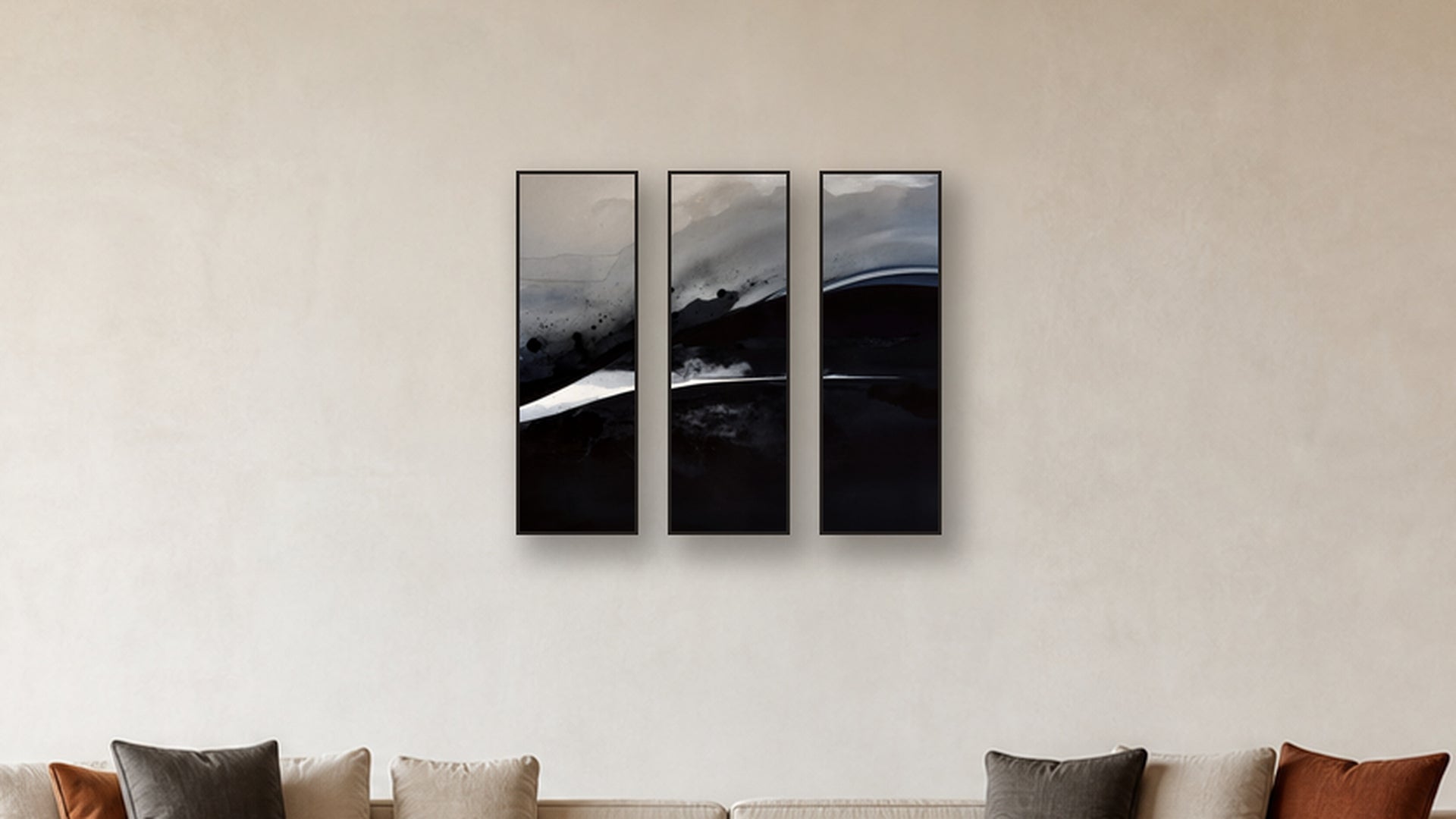 Oxidation TRIPTYCH 12x36 accurately scaled living-room mockup
