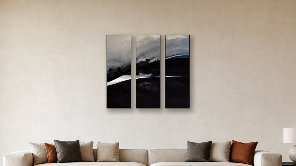 Oxidation TRIPTYCH 16x48 accurately scaled living-room mockup