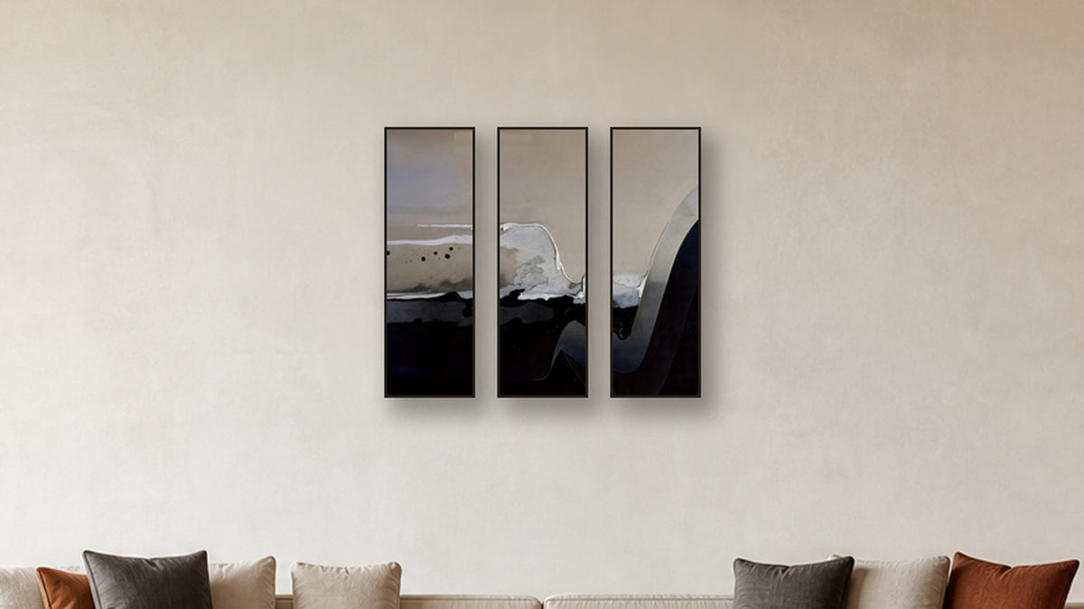 PASSIVATION TRIPTYCH II-IV 12x36 accurately scaled living-room mockup