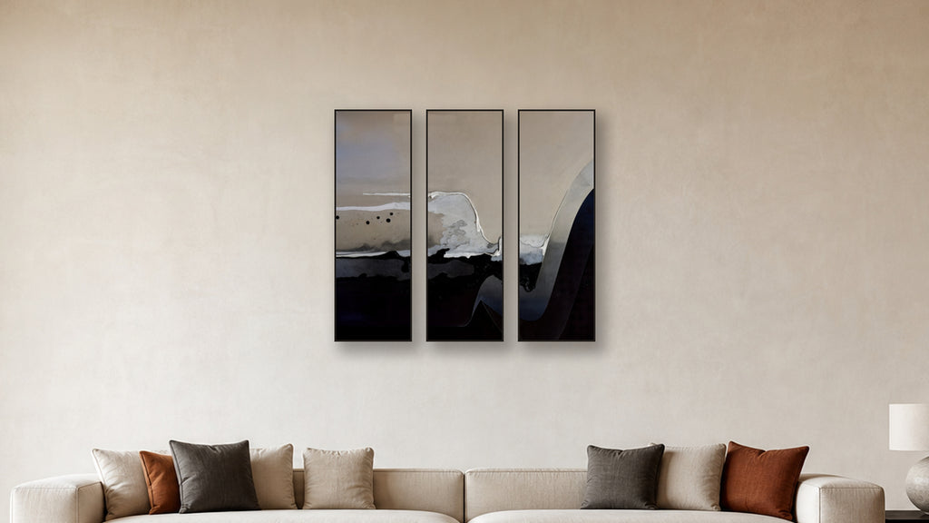 PASSIVATION TRIPTYCH II-IV 16x48 accurately scaled living-room mockup