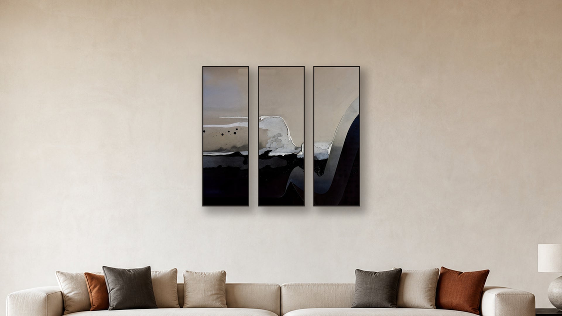 PASSIVATION TRIPTYCH II-IV 16x48 accurately scaled living-room mockup