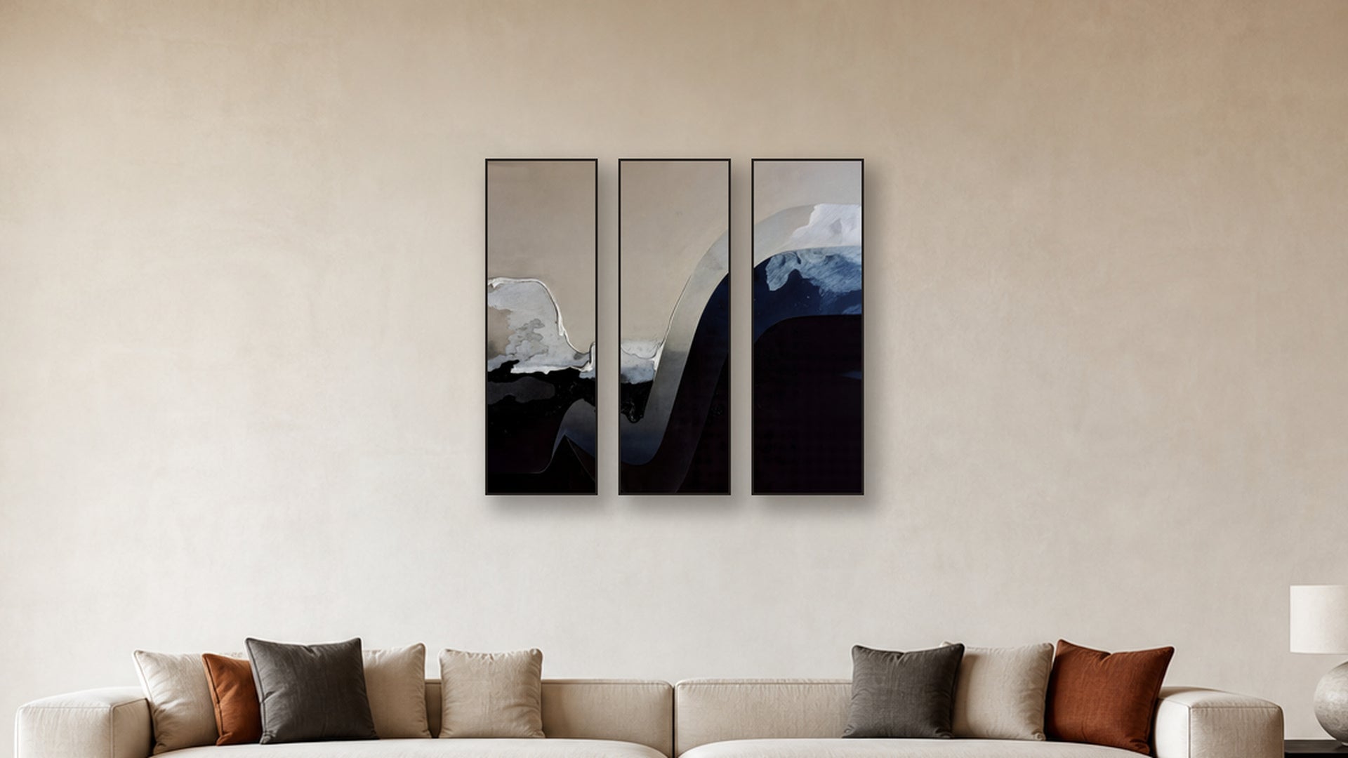Passivation TRIPTYCH 16x48 accurately scaled living-room mockup