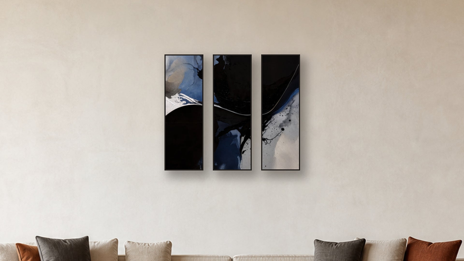 Reduction TRIPTYCH 12x36 accurately scaled living-room mockup