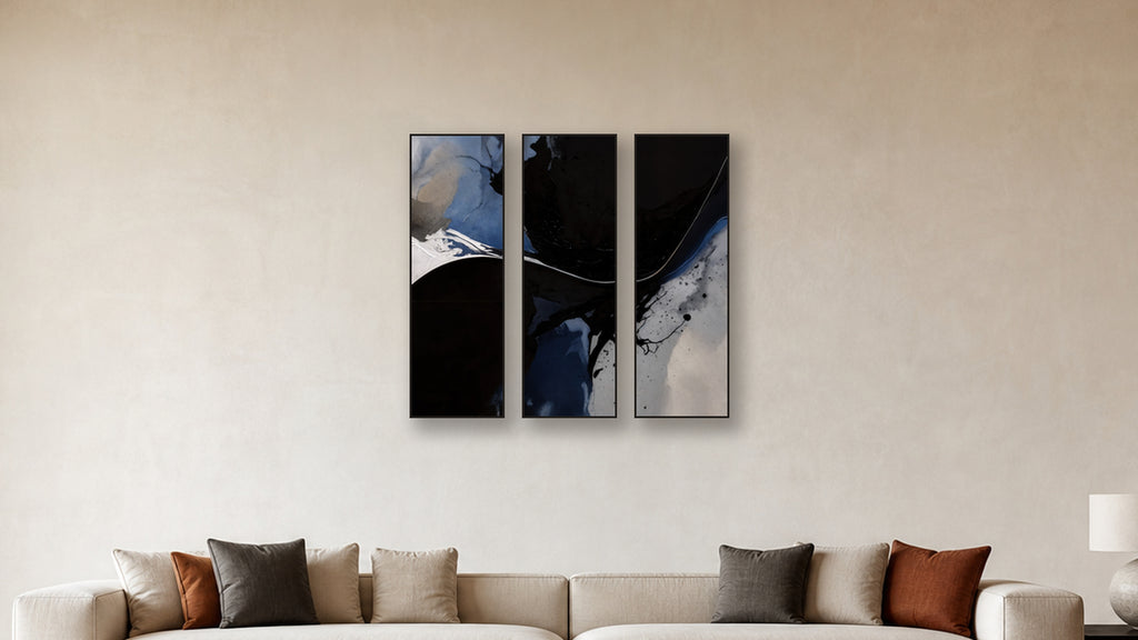 Reduction TRIPTYCH 16x48 accurately scaled living-room mockup