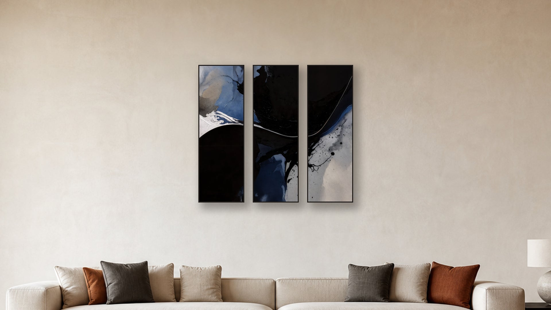 Reduction TRIPTYCH 16x48 accurately scaled living-room mockup