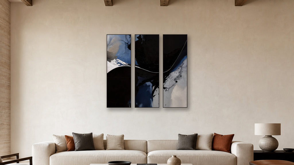 Reduction TRIPTYCH 20x60 accurately scaled living-room mockup