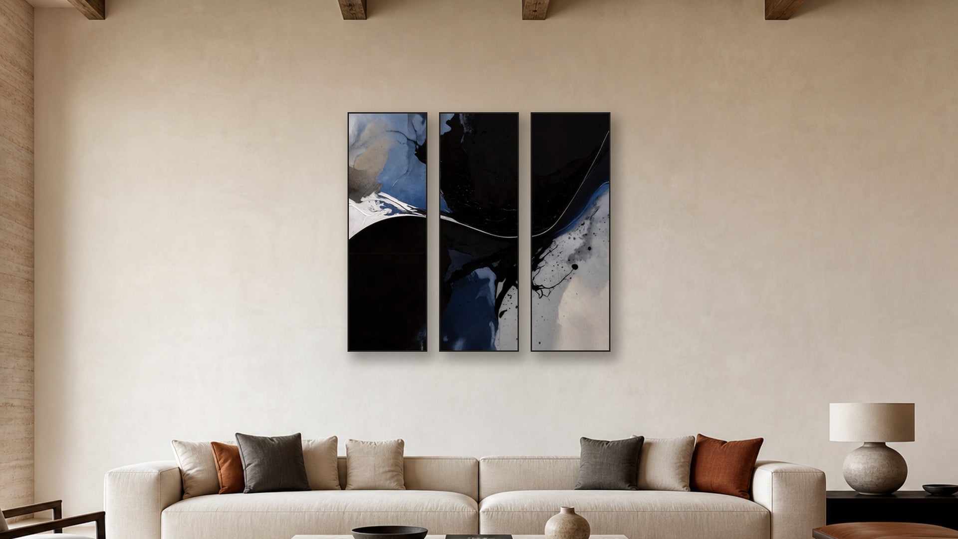 Reduction TRIPTYCH 20x60 accurately scaled living-room mockup