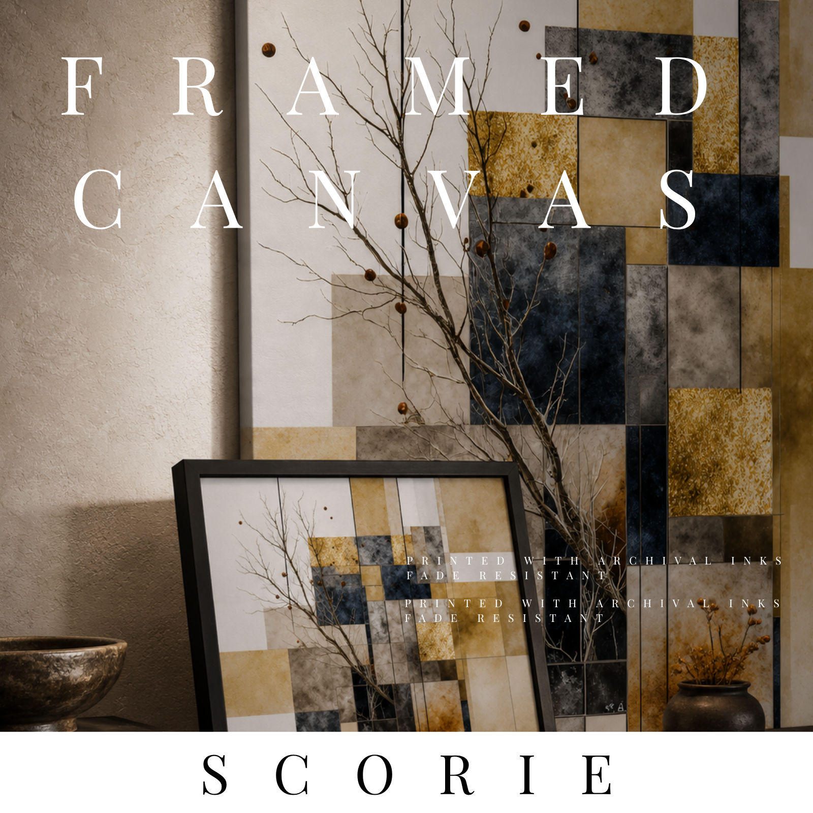 Scorie framed canvas print shown in product view in black frame, 11 x 14 inch universal size