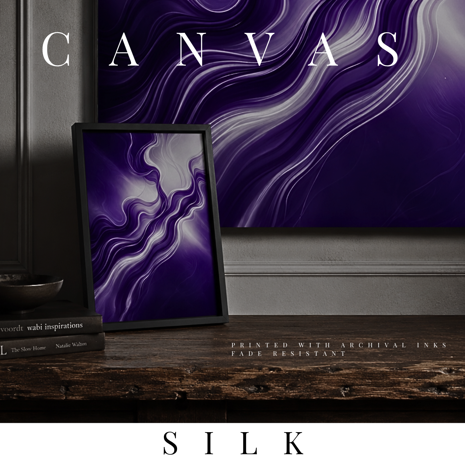 Silk canvas print shown in product view in 6 x 6 inch universal size