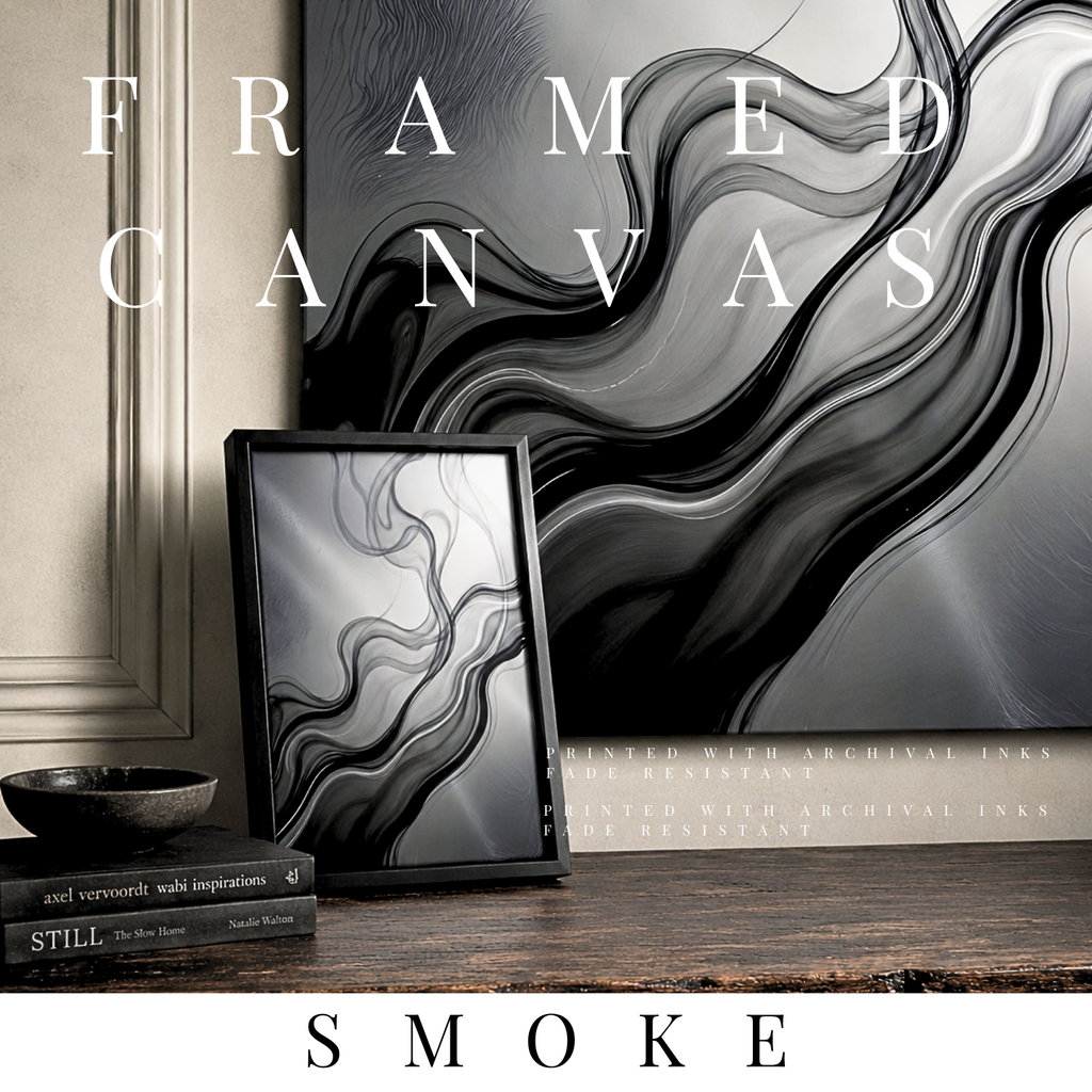 Smoke framed canvas print shown in product view in black frame, 8 x 10 inch universal size