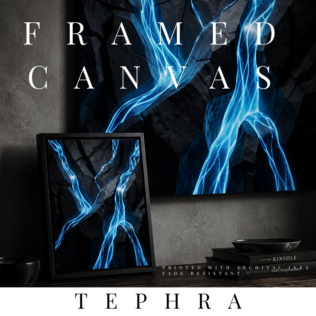 Tephra framed canvas print shown in product view in black frame, 8 x 10 inch universal size