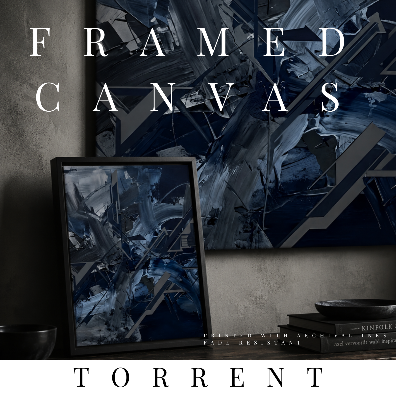 Torrent framed canvas urban shown in product view in black frame, 11 x 14 inch universal size