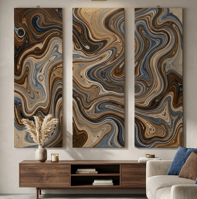 Cafe Mocha bundle triptych shown in product view in 12 x 36 inch large size
