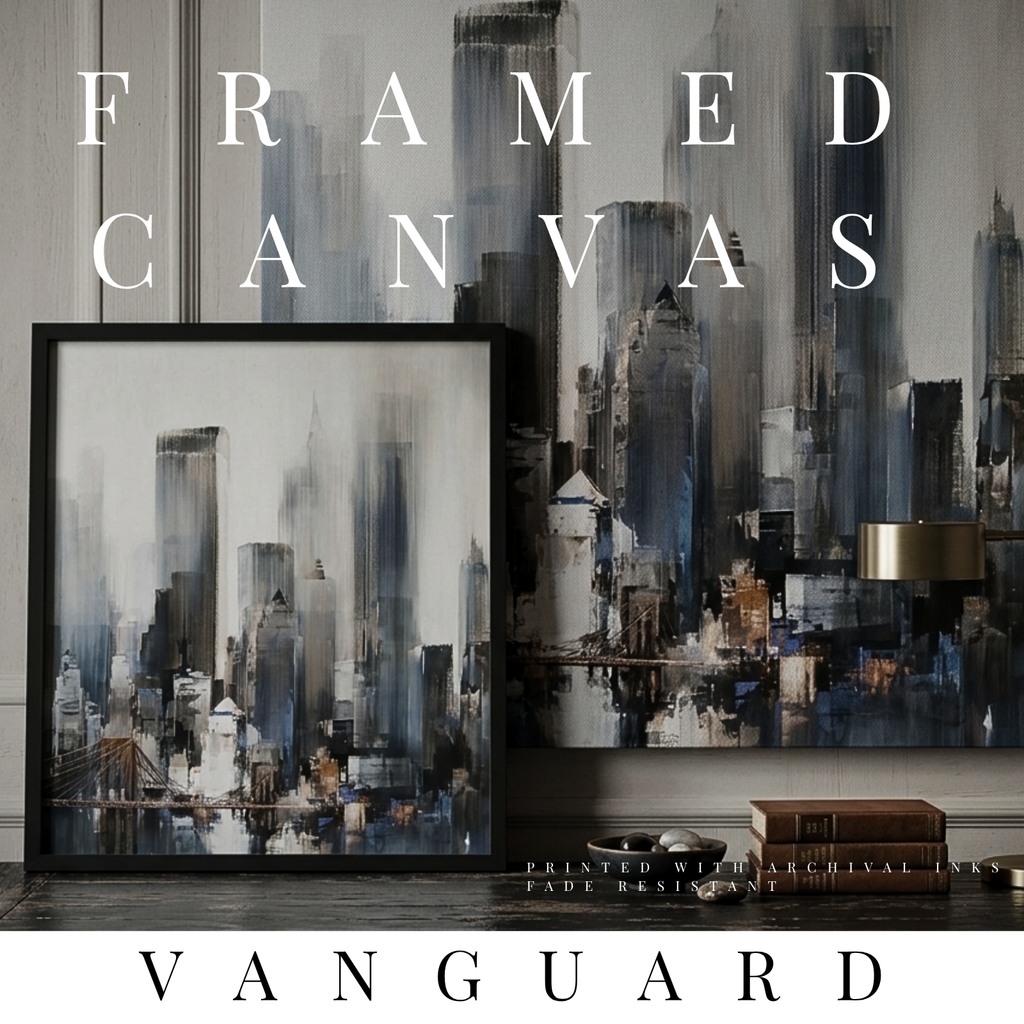 Vanguard framed canvas skyline shown in product view in black frame, 12 x 16 inch universal size
