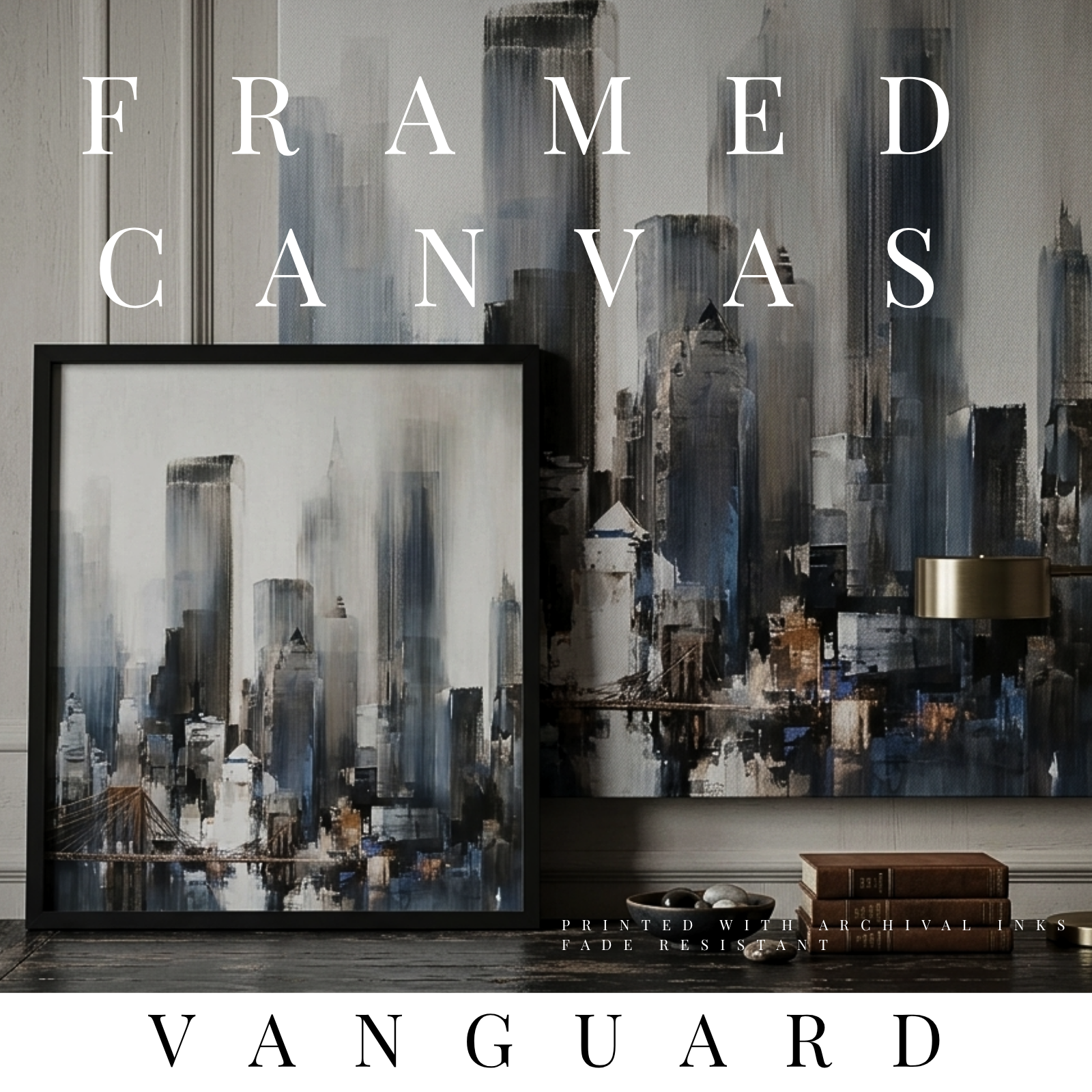 Vanguard framed canvas skyline shown in product view in black frame, 12 x 16 inch universal size