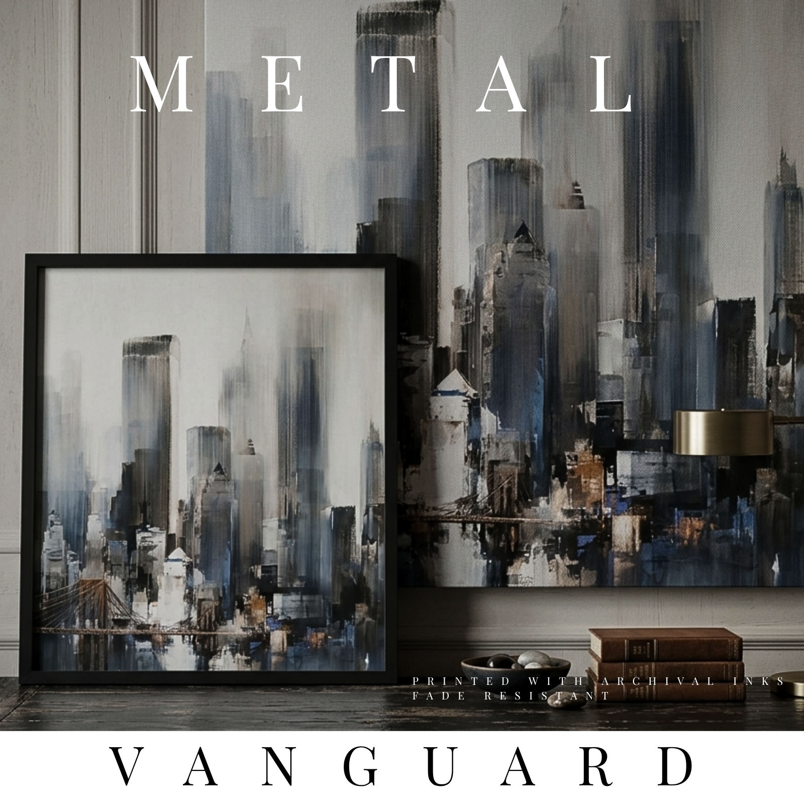 Vanguard metal print skyline shown in product view in 16 x 20 inch universal size