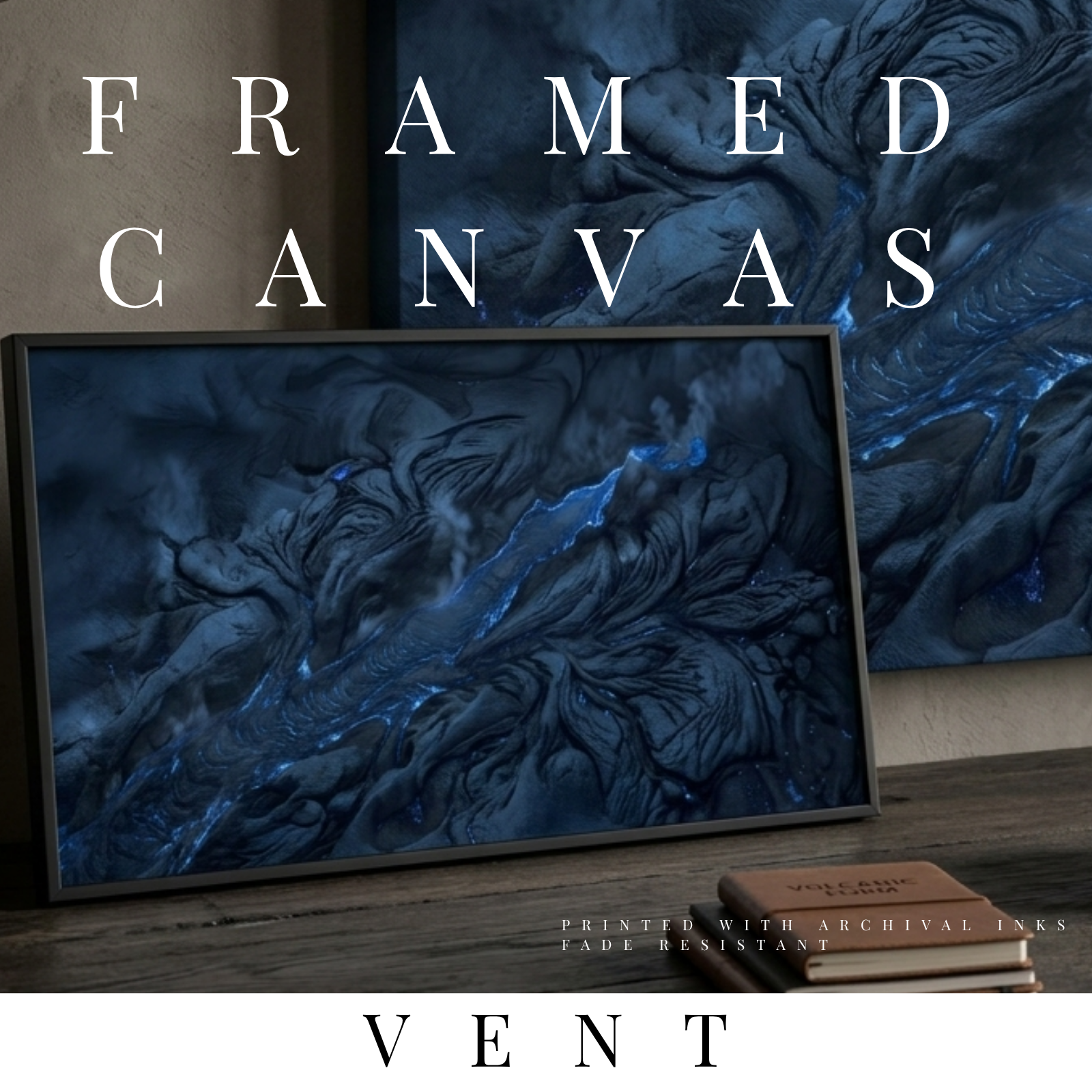 Vent framed canvas print shown in product view in black frame, 8 x 10 inch universal size