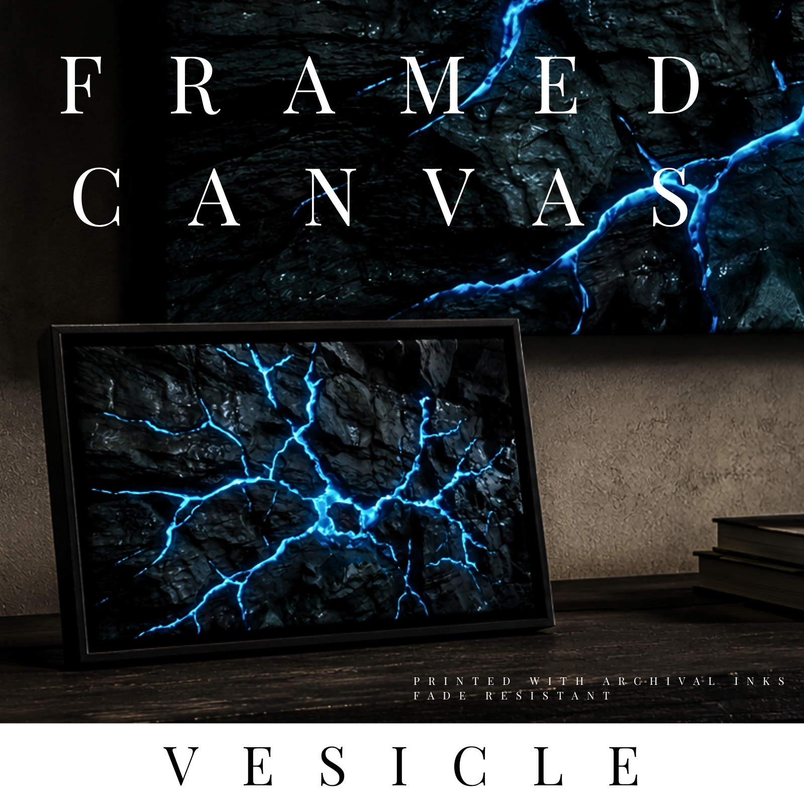 Vesicle framed canvas print shown in product view in black frame, 8 x 10 inch universal size