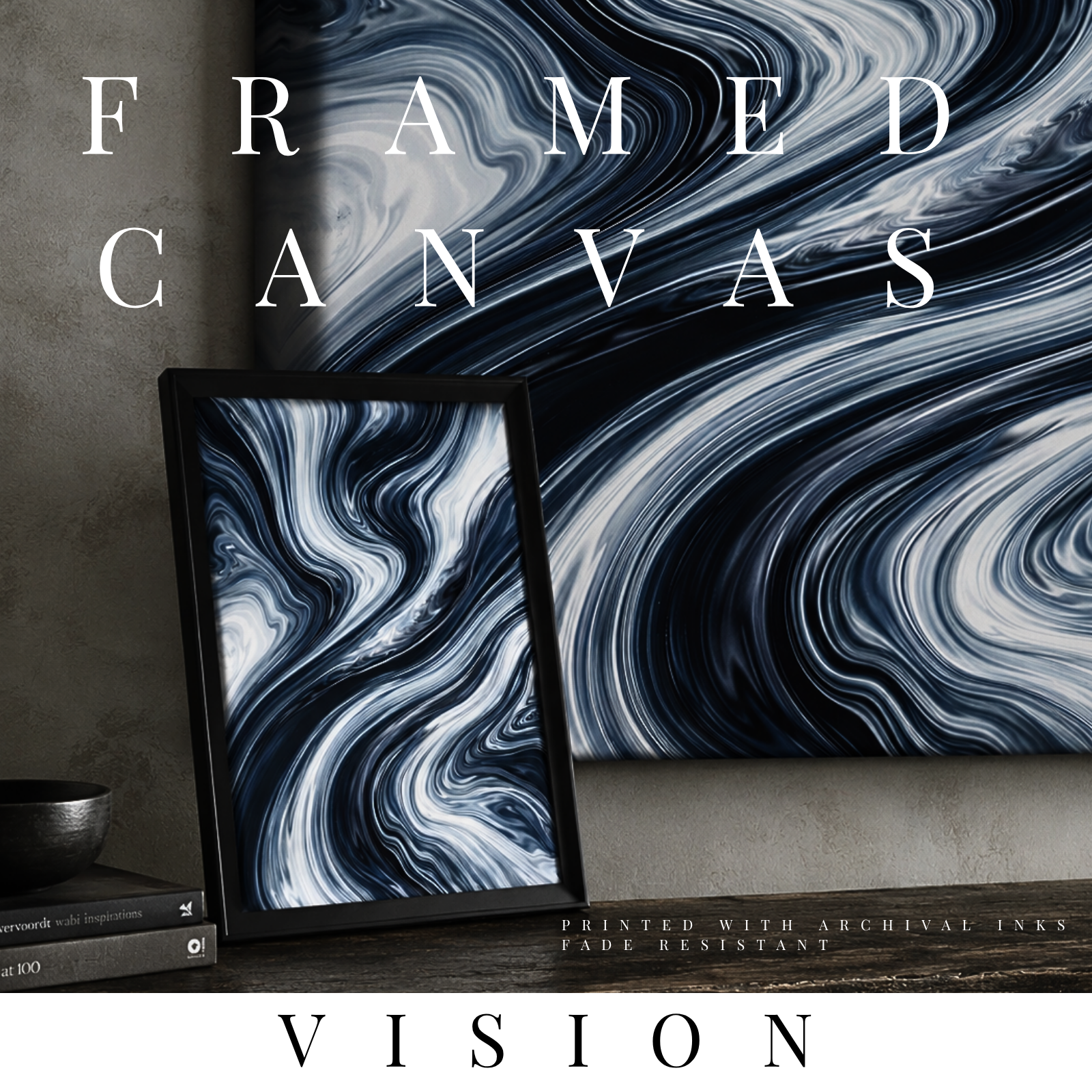 Vision framed canvas print shown in product view in black frame, 11 x 14 inch universal size