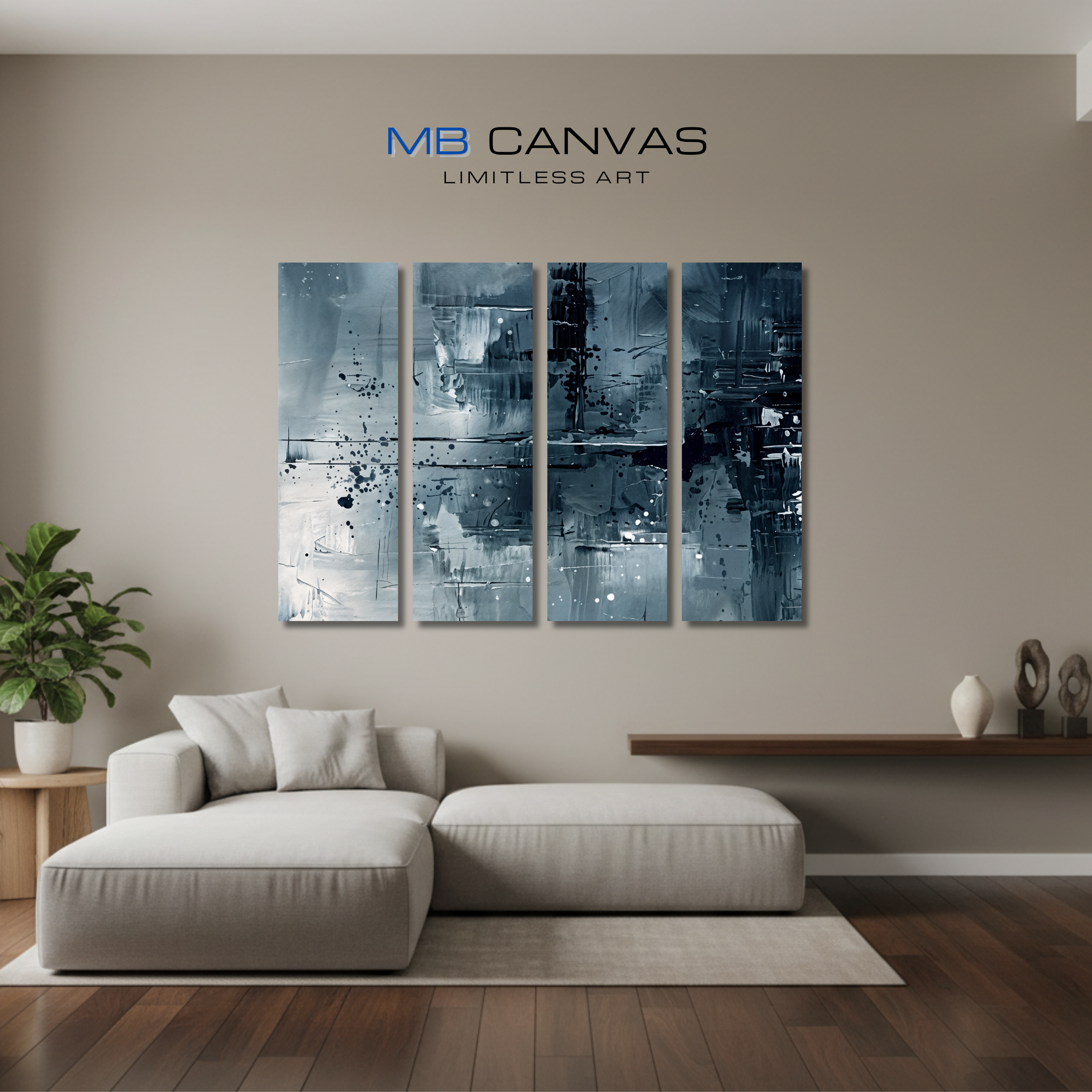 Amidst bundle tetrad 1 4-panel shown in wall display view in 12 x 36 inch large size