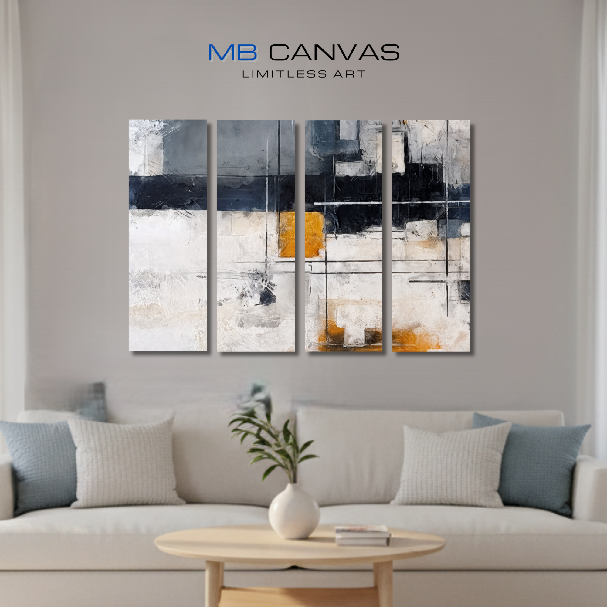 Chasm bundle tetrad 1 4-panel urban shown in wall display view in 12 x 36 inch large size