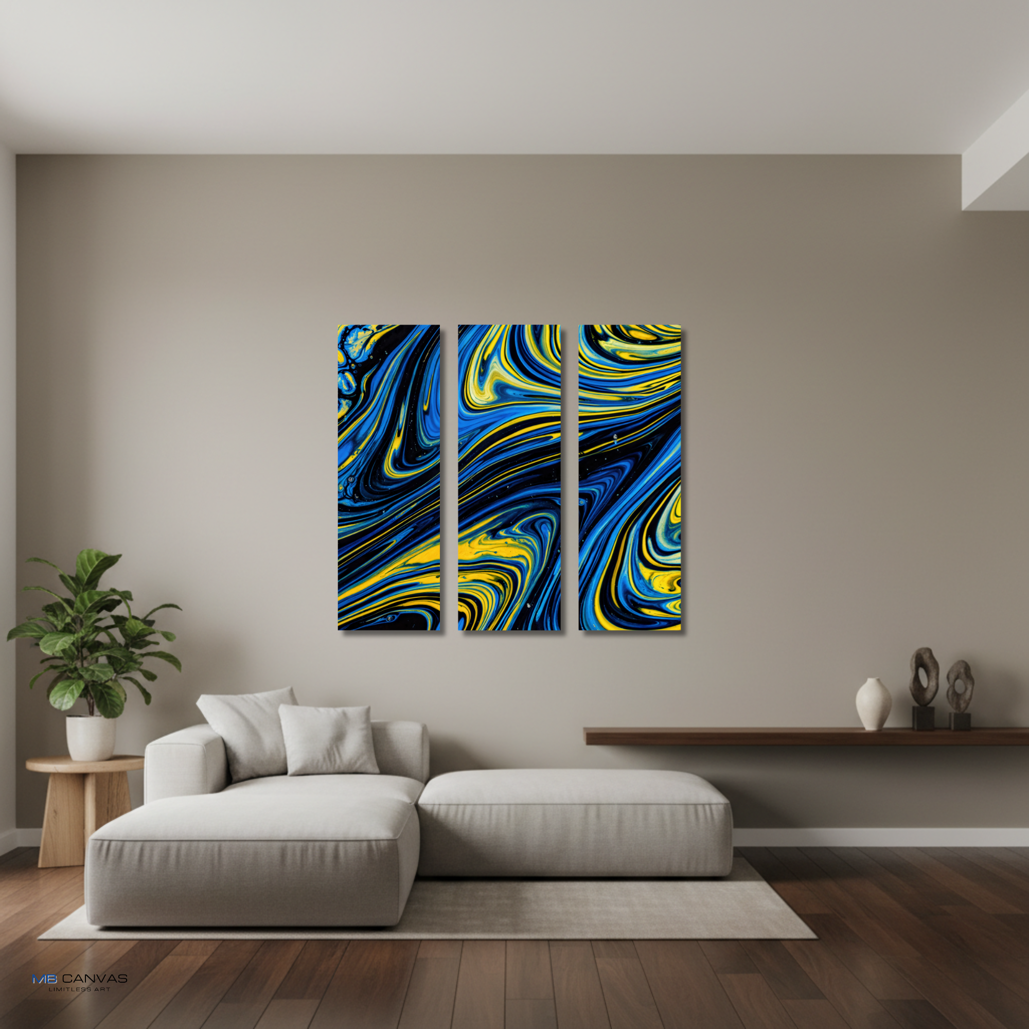 Coral bundle triptych 1 3-panel shown in wall display view in 12 x 36 inch large size