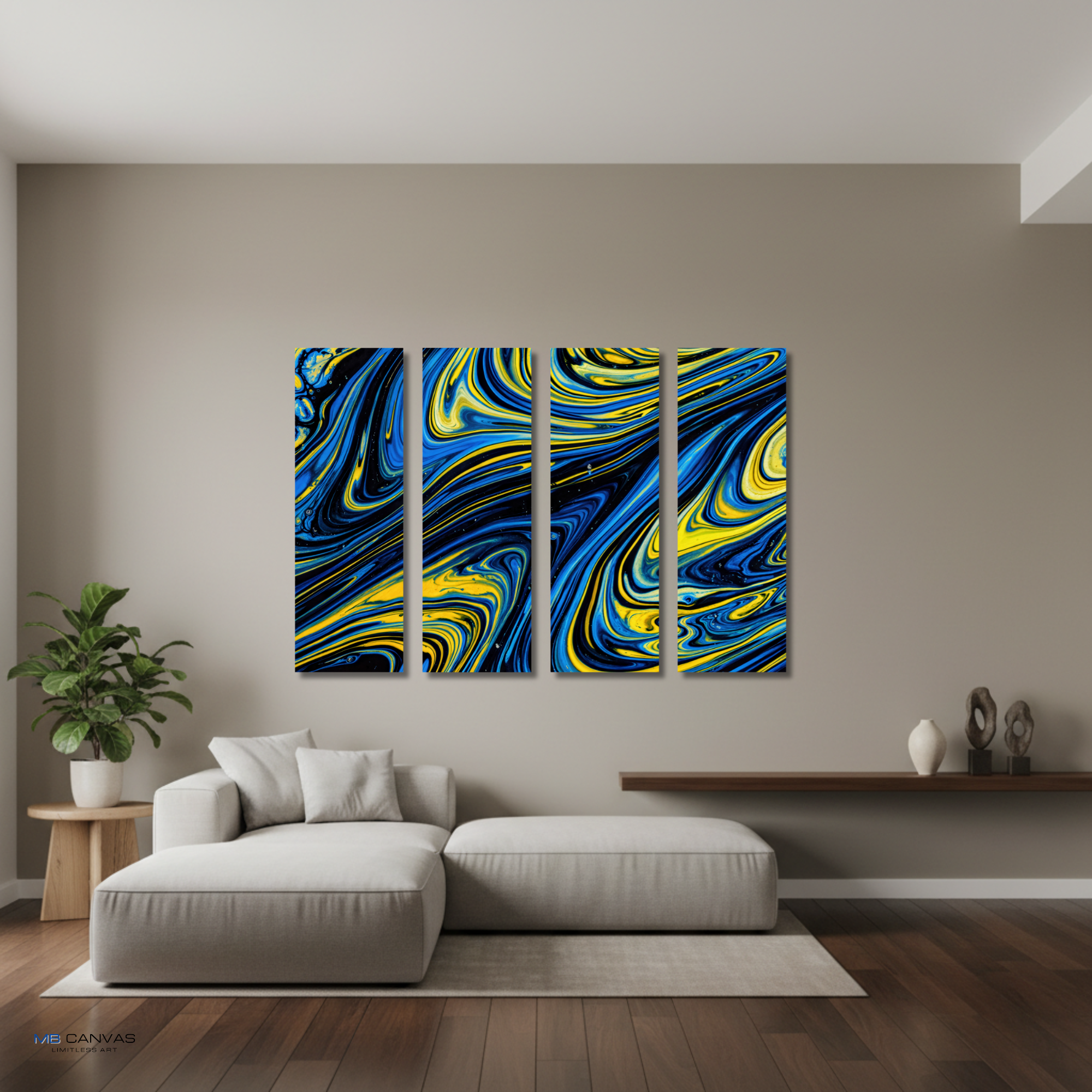 Coral bundle tetrad 1 4-panel shown in wall display view in 12 x 36 inch large size