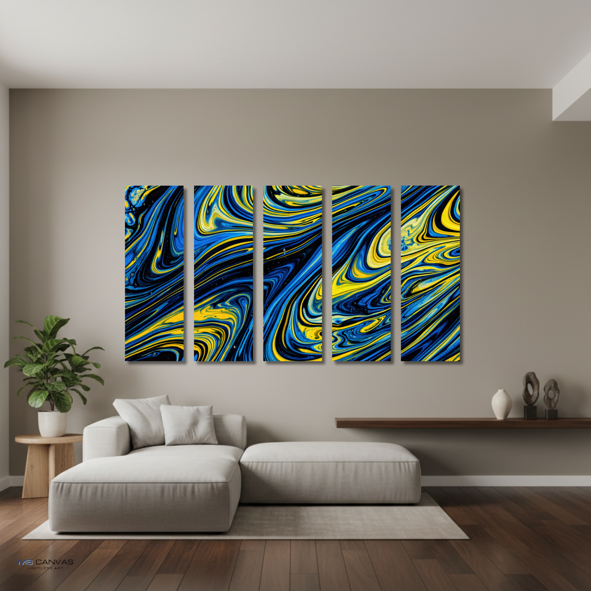 Coral bundle strata 1 5-panel shown in wall display view in 12 x 36 inch large size