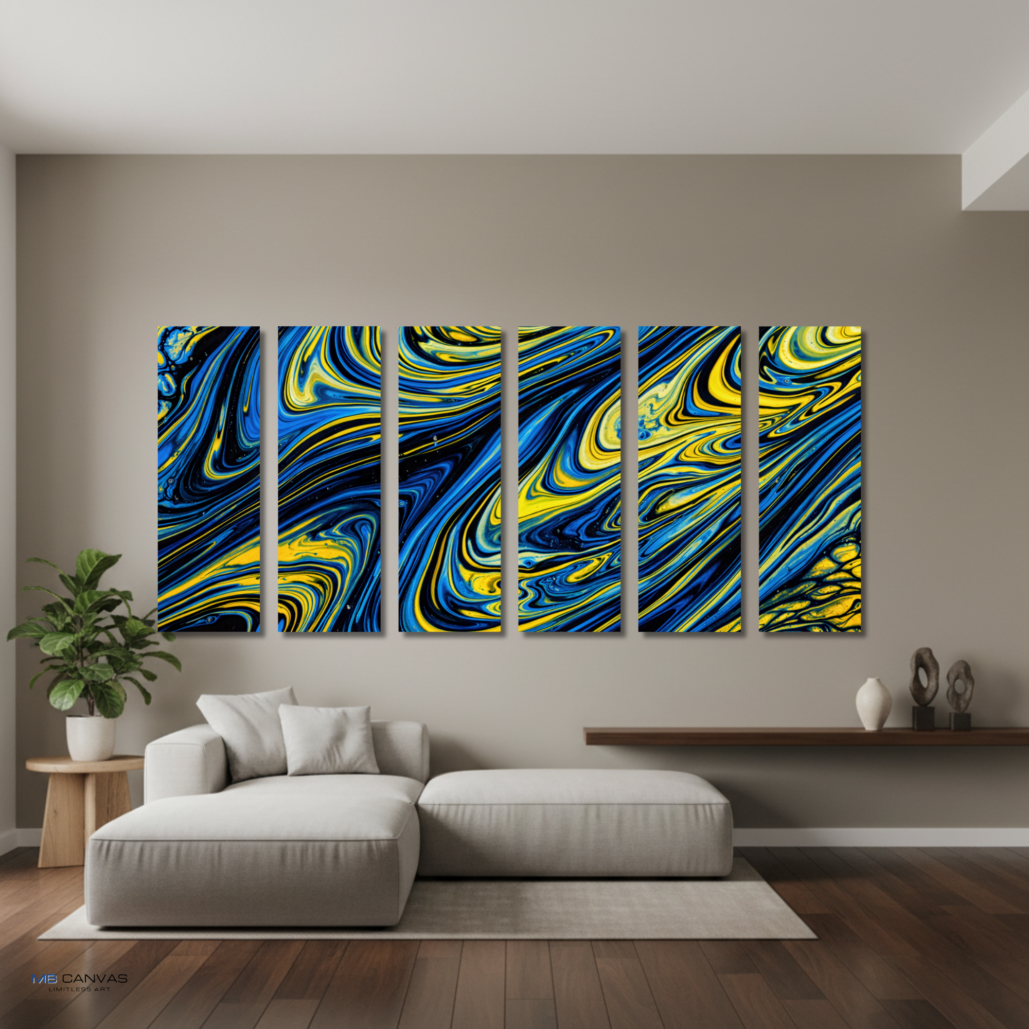 Coral wall art product image as a bundle hexad 6-panel in 16 x 48 inch statement piece