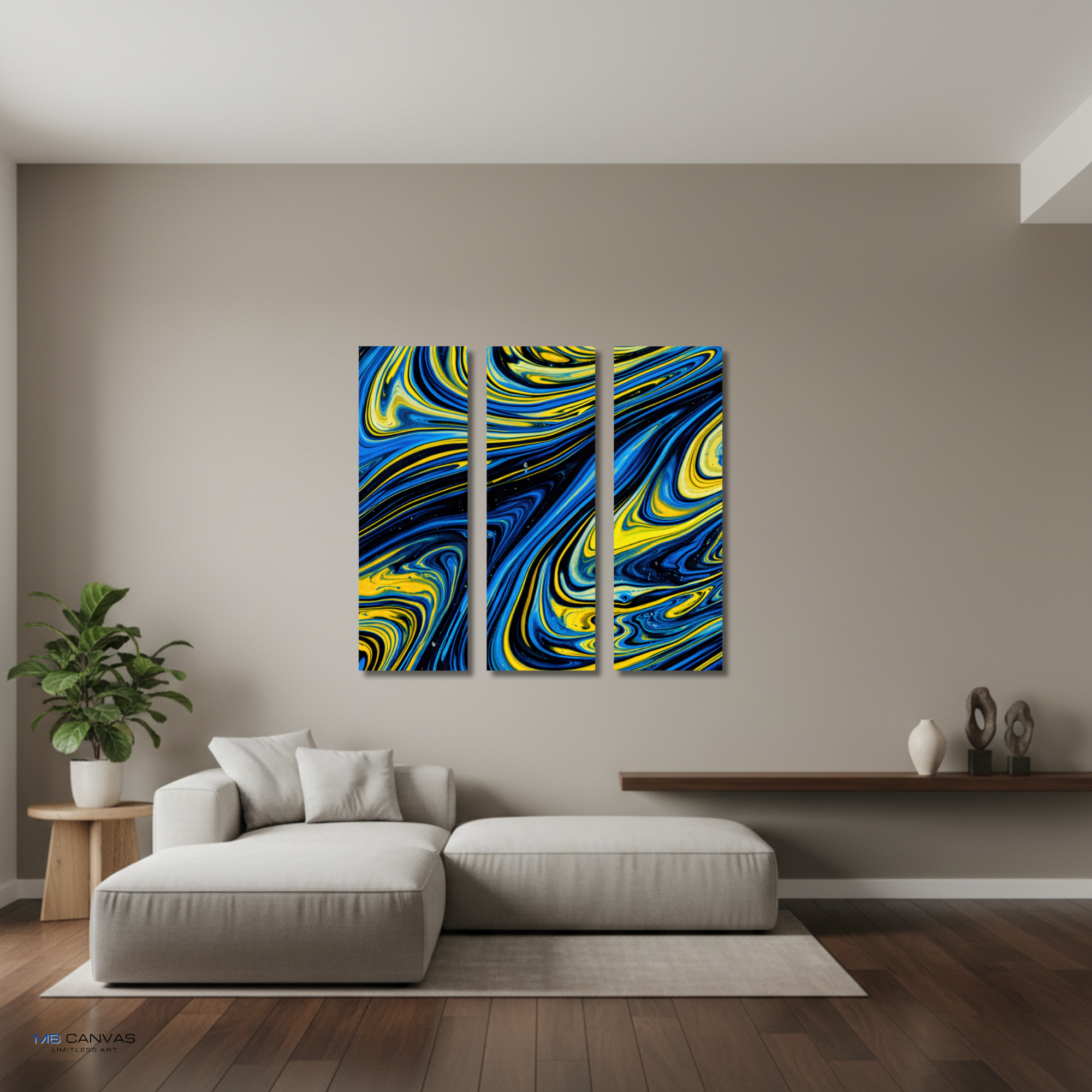 Coral bundle triptych 2 3-panel shown in wall display view in 12 x 36 inch large size