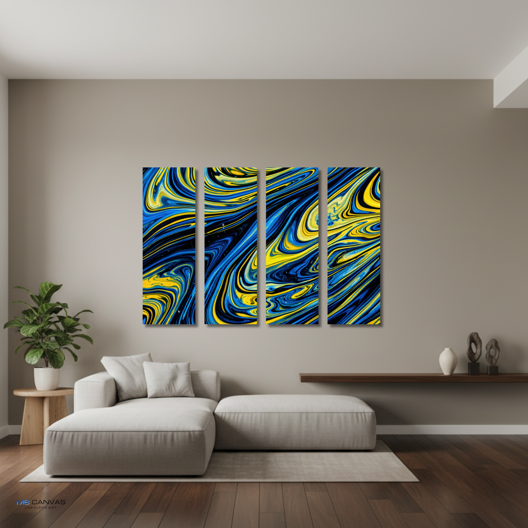 Coral bundle tetrad 2 4-panel shown in wall display view in 12 x 36 inch large size