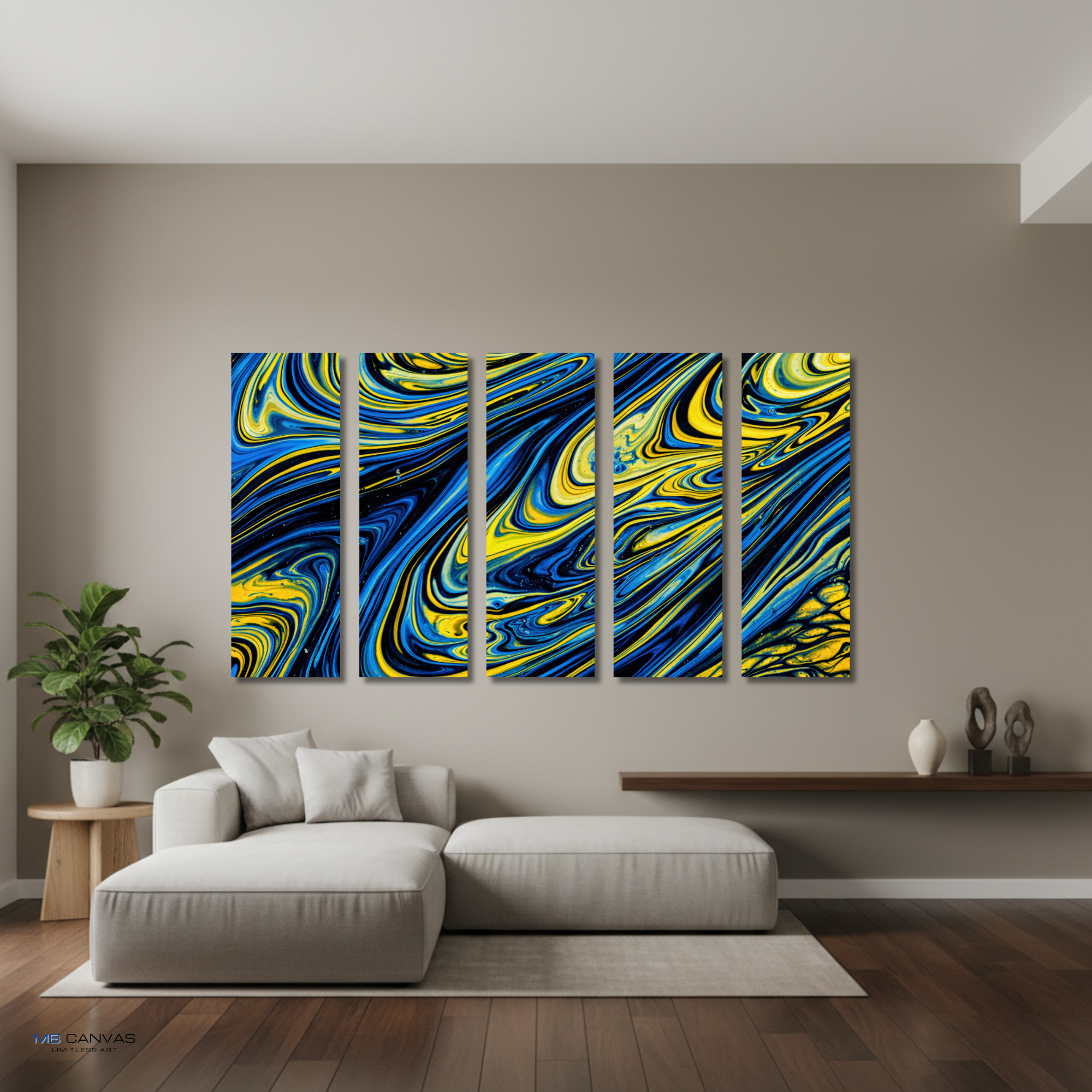 Coral bundle strata 2 5-panel shown in wall display view in 12 x 36 inch large size