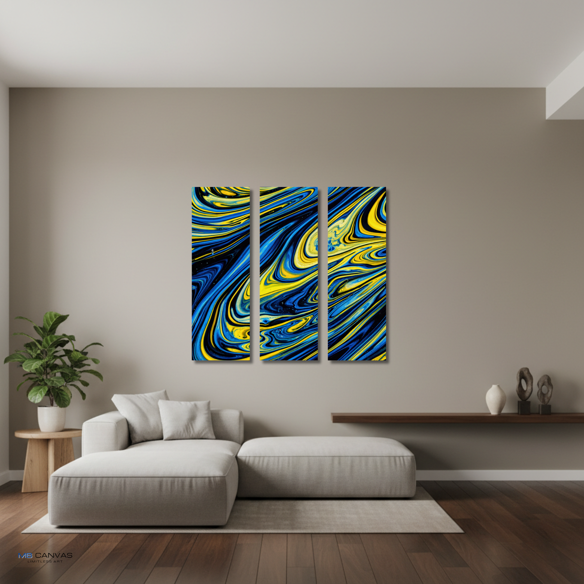 Coral bundle triptych 3 3-panel shown in wall display view in 12 x 36 inch large size