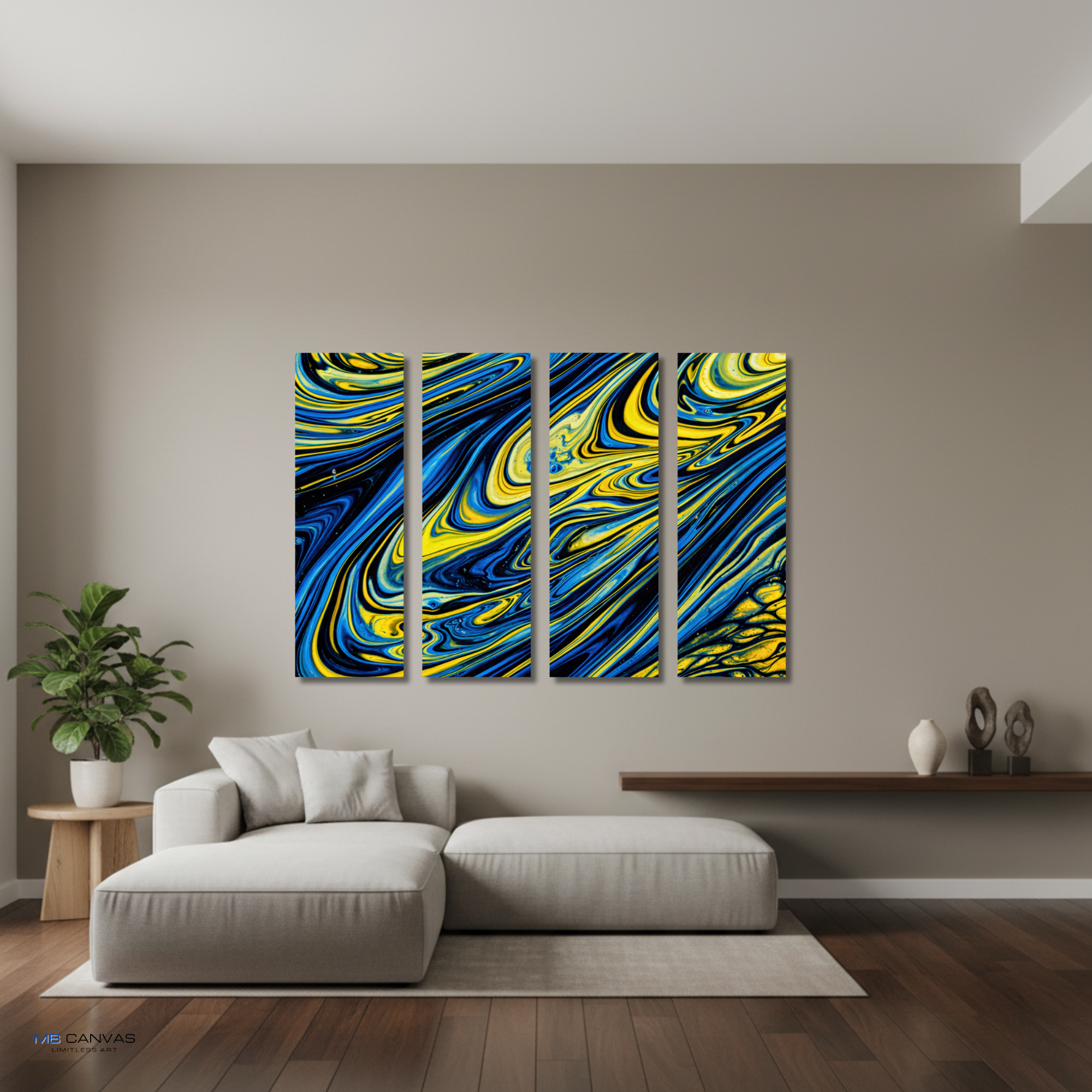 Coral bundle tetrad 3 4-panel shown in wall display view in 12 x 36 inch large size