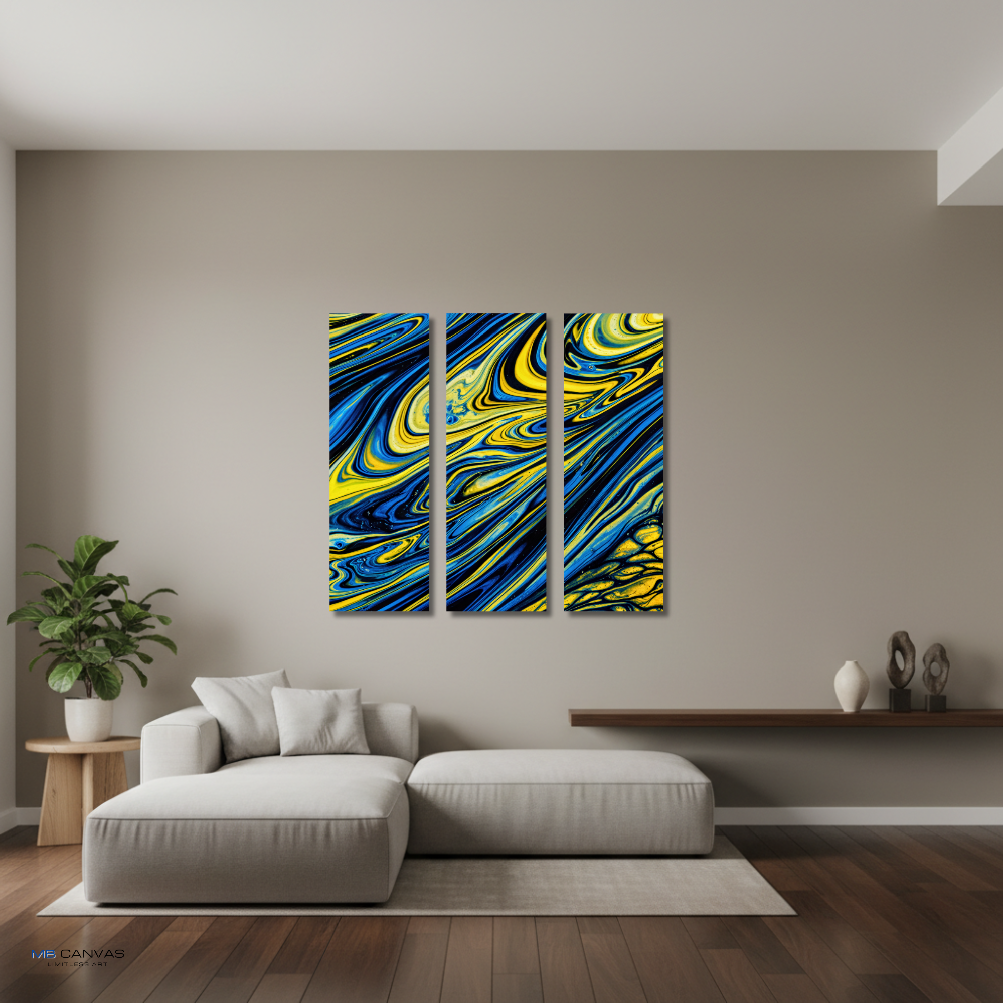 Coral bundle triptych 4 3-panel shown in wall display view in 12 x 36 inch large size