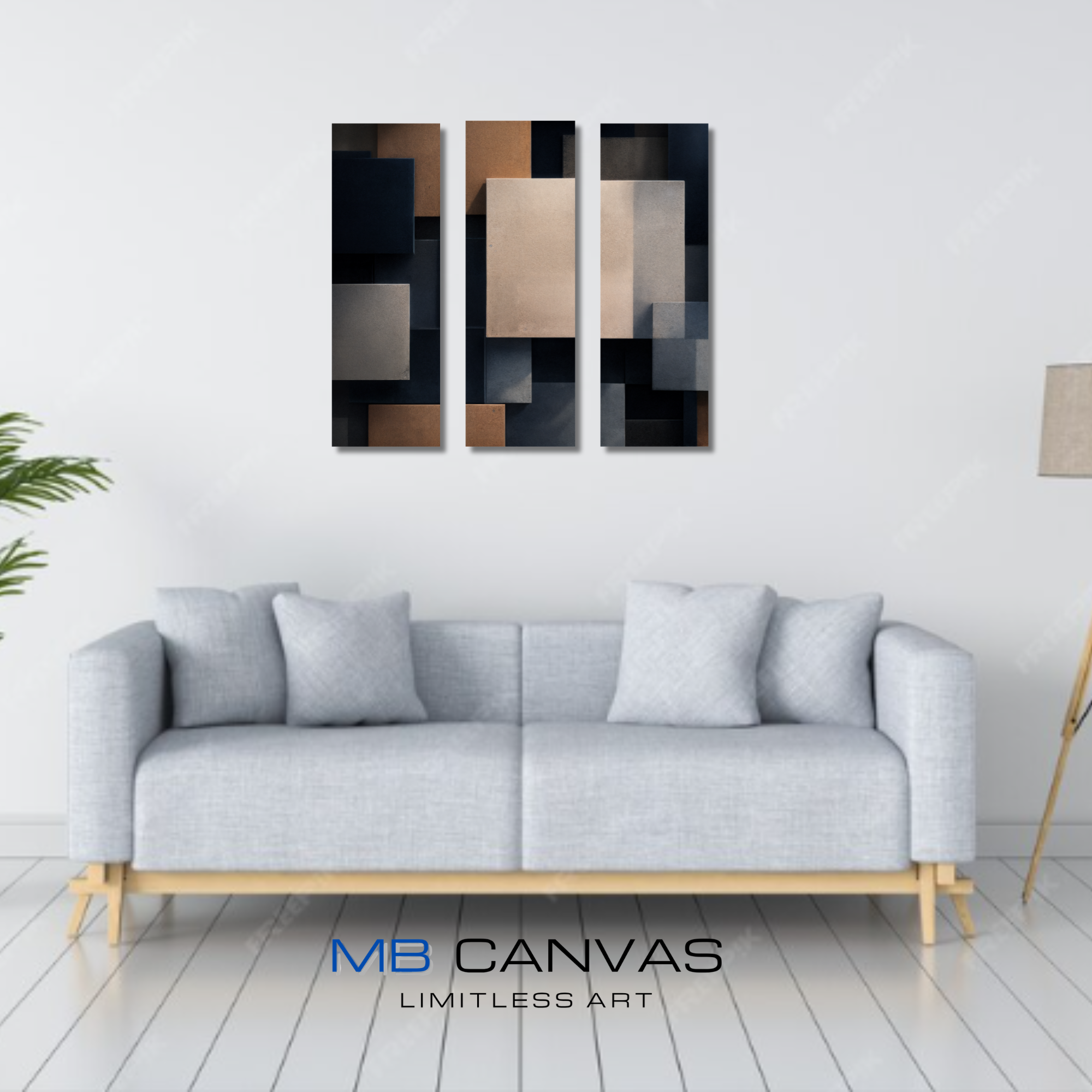 Monolith bundle triptych 1 shown in wall display view in 12 x 36 inch large size