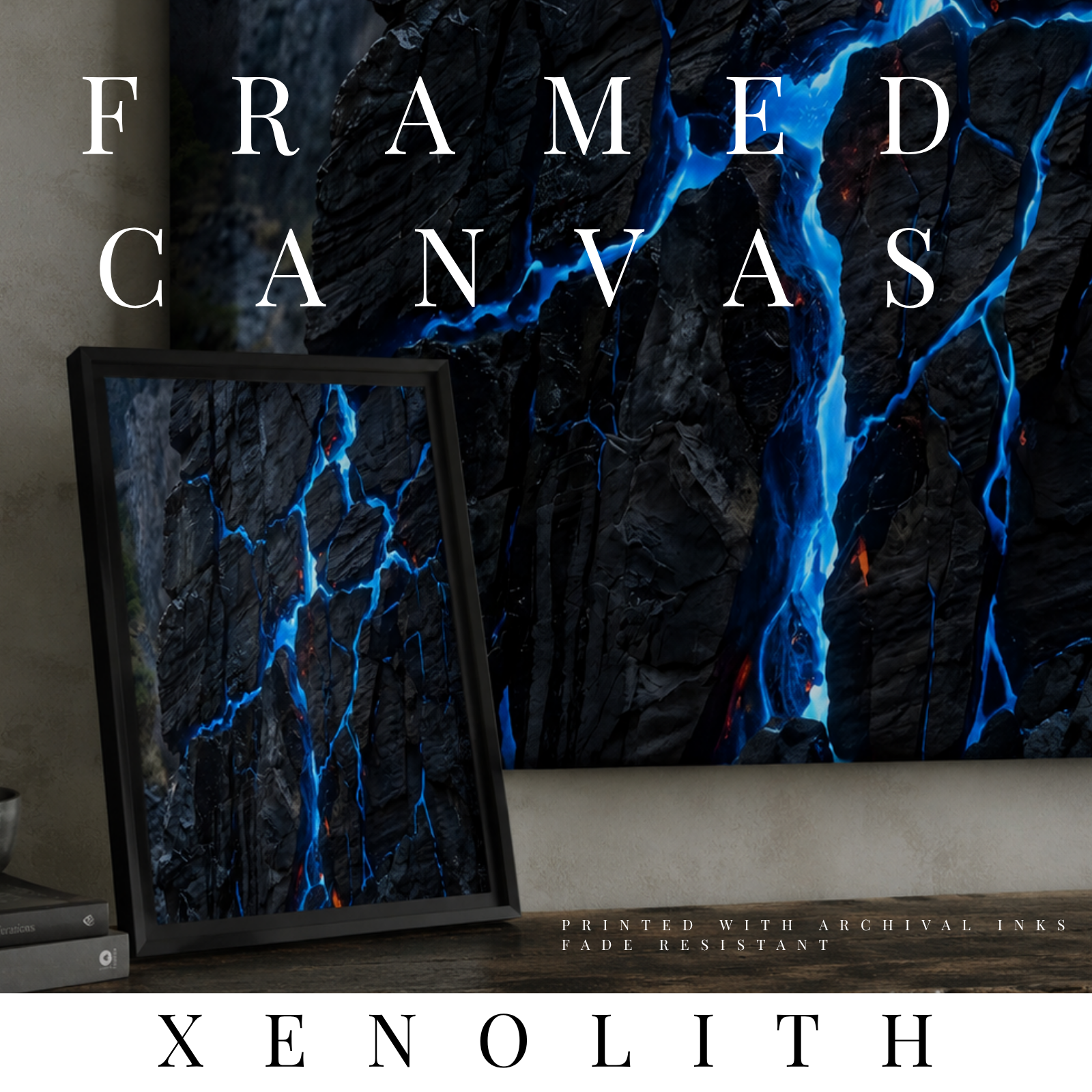Xenolith framed canvas print shown in product view in black frame, 8 x 10 inch universal size