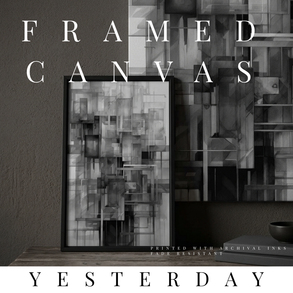 Yesterday framed canvas print shown in product view in black frame, 12 x 18 inch universal size