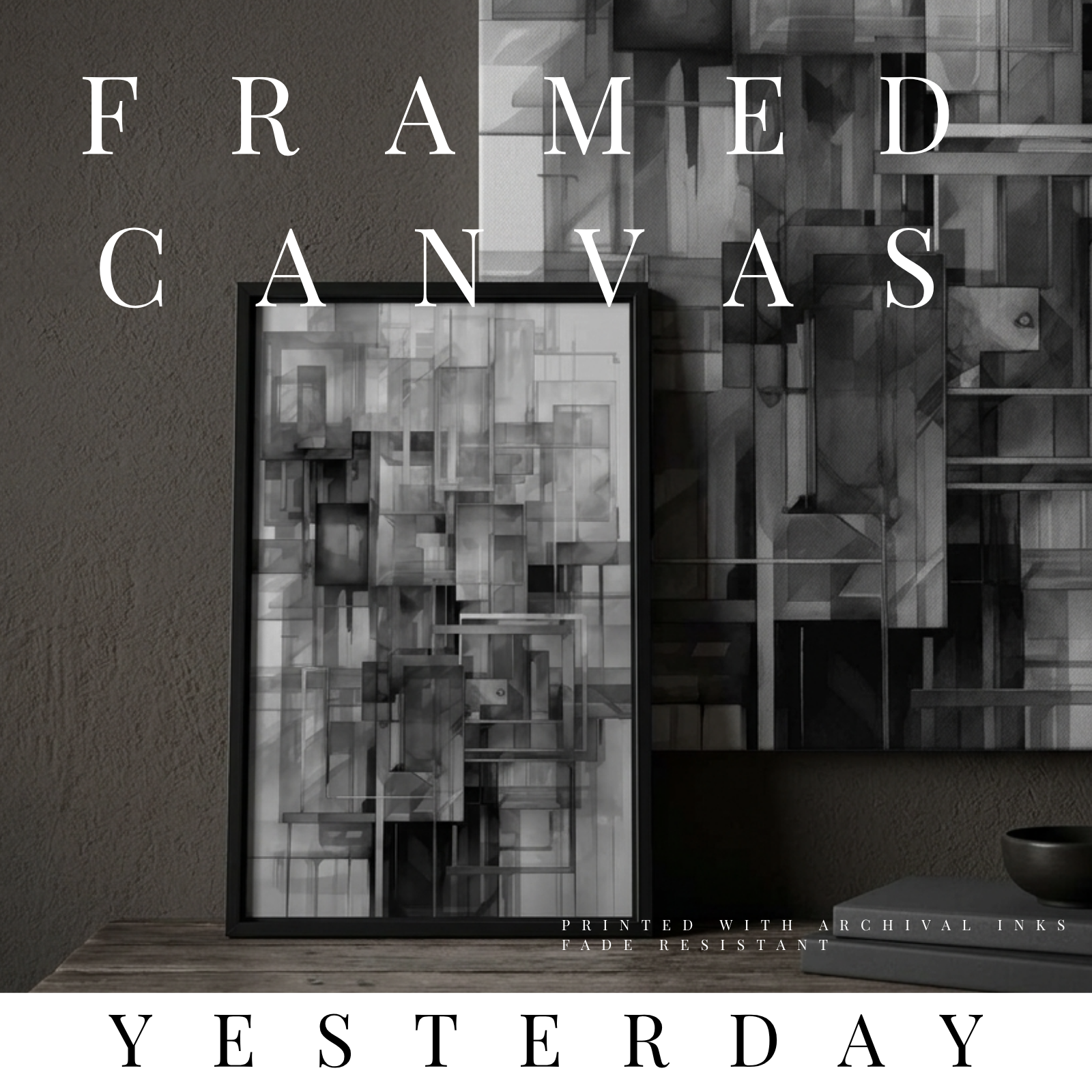 Yesterday framed canvas print shown in product view in black frame, 12 x 18 inch universal size