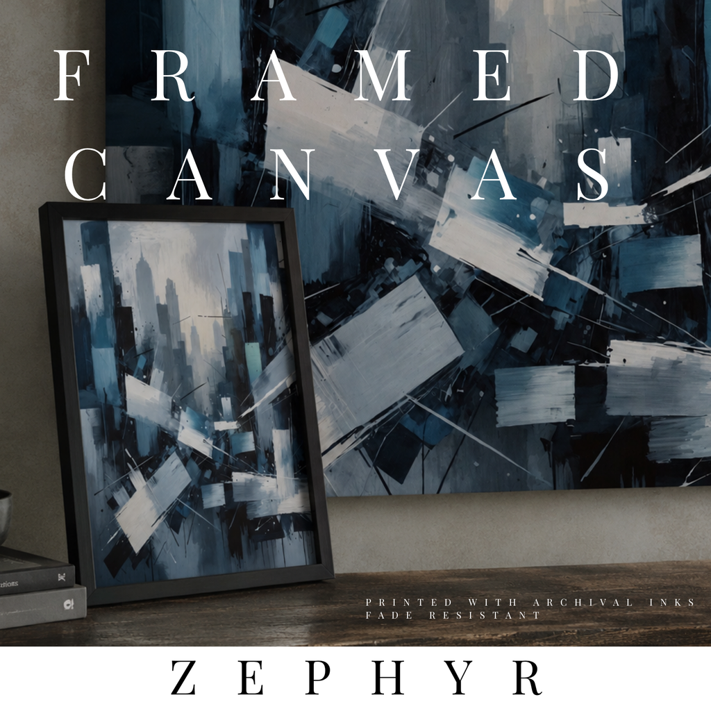 Zephyr framed canvas skyline shown in product view in black frame, 8 x 10 inch universal size
